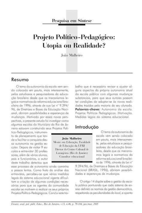 Pdf Projeto Pol Tico Pedag Gico Utopia Ou Realidade Gicos