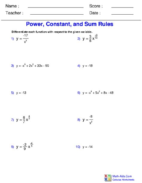 Power Rule Derivative Worksheet