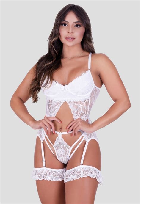 Espartilho Conjunto Lingerie Mdmix Sexy Completo Cinta Liga Branco