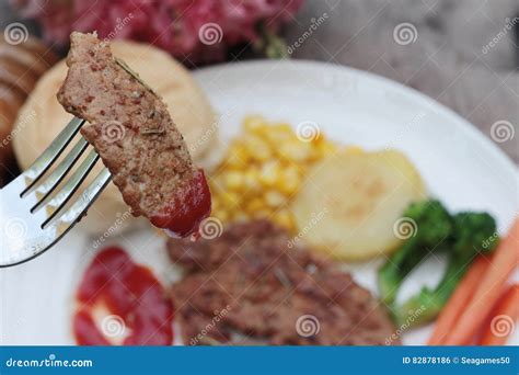 Grilled Pork Steak With Bread And Ketchup Stock Photo Image Of Fork