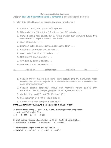 PDF Soal Uas Matematika Kelas 6 Sd Semester 1 Tp DOKUMEN TIPS