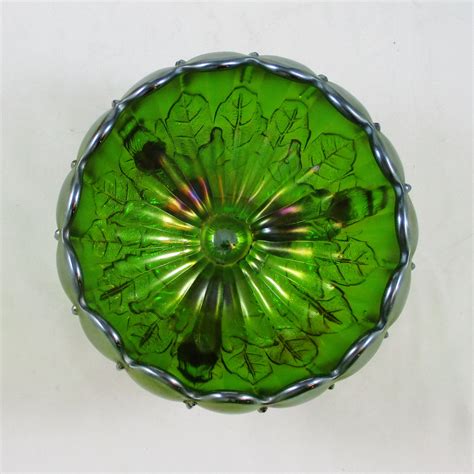 Antique Northwood Green Leaf And Beads Wsunflower Carnival Glass Rose Bowl Carnival Glass