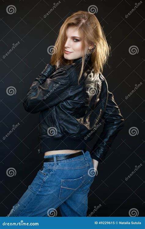 Beautiful Sensual Girl Blonde In A Leather Jacket Stock Image Image Of Jeans Hair