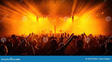 Concert Crowd Shadows Against Vibrant Yellow Stage Lights Silhouette Concept Stock Illustration