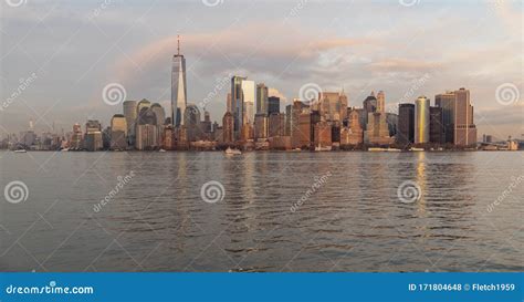 South Manhattan from the Statue of Liberty Ferry Boat Stock Photo ...