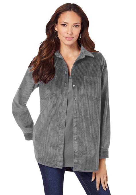 Roamans Womens Plus Size Corduroy Big Shirt Button Down