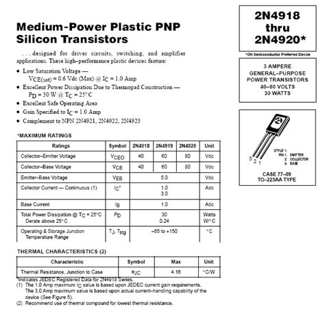 2N4920 TRANSISTOR PNP 80V 3A 30W TO126 MEDIUM POWER