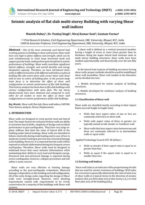 Irjet Seismic Analysis Of Flat Slab Multi Storey Building With Varying Shear Wall Indices Pdf