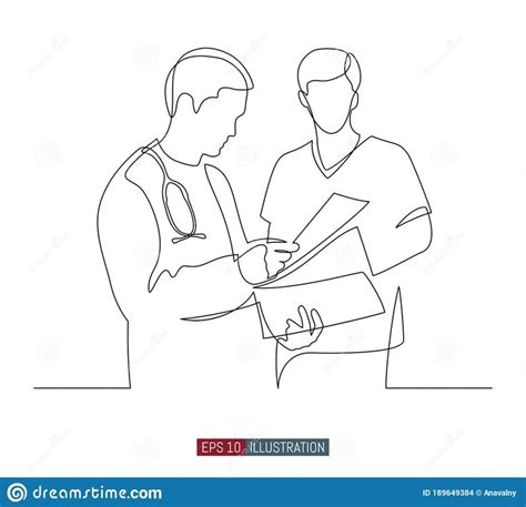 One Single Line Drawing Of Two Doctors Discussing Medical Information