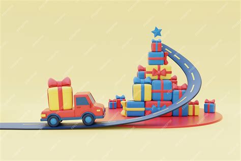 Красный грузовик, вид сбоку, доставляющий рождественские подарки ...