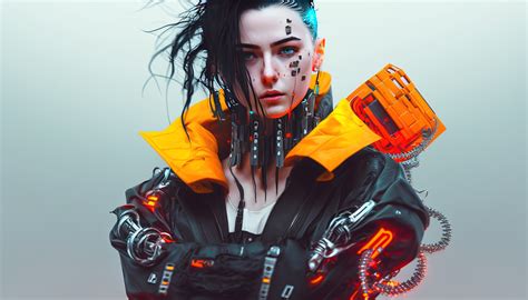 Wallpaper Ai Art Wanita Cyberpunk Jaket Jeruk 4579x2616 Alx