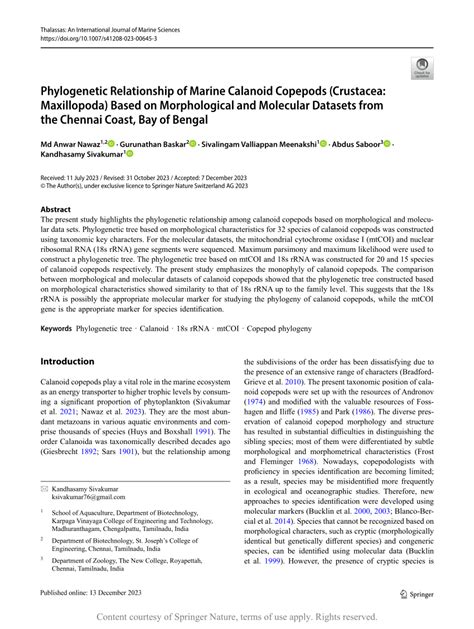 Phylogenetic Relationship Of Marine Calanoid Copepods Crustacea