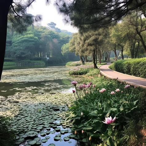 Um Caminho Que Leva A Um Lago Flores De L Tus E Uma Rvore Ao Fundo