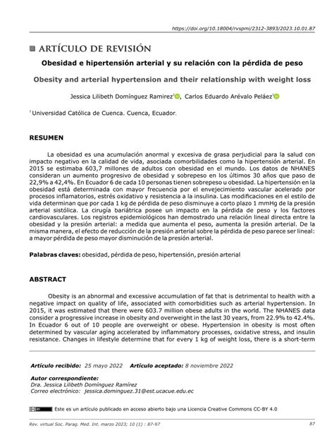 Pdf Obesidad E Hipertensión Arterial Y Su Relación Con La Pérdida De Peso