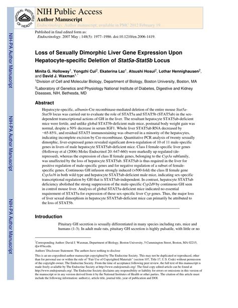 Pdf Loss Of Sexually Dimorphic Liver Gene Expression Upon Hepatocyte Specific Deletion Of