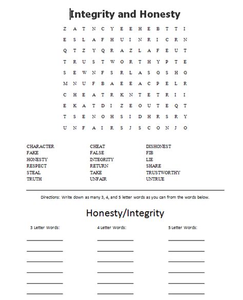 printable honesty worksheets pdf printable word searches - honesty ...