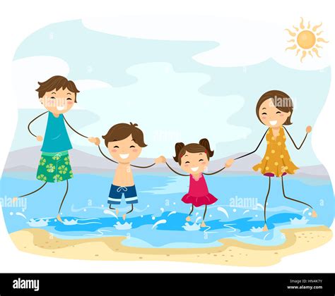 Stickman Ilustración de una familia divirtiéndose en la playa