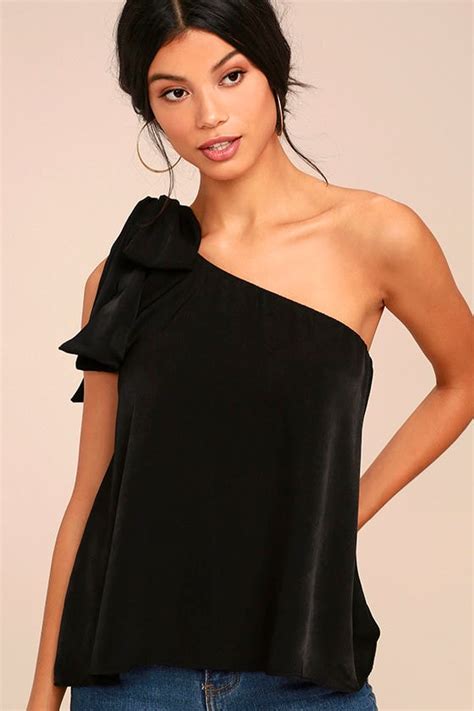 Chic Black Top Black One Shoulder Top Tying One Shoulder Top 42