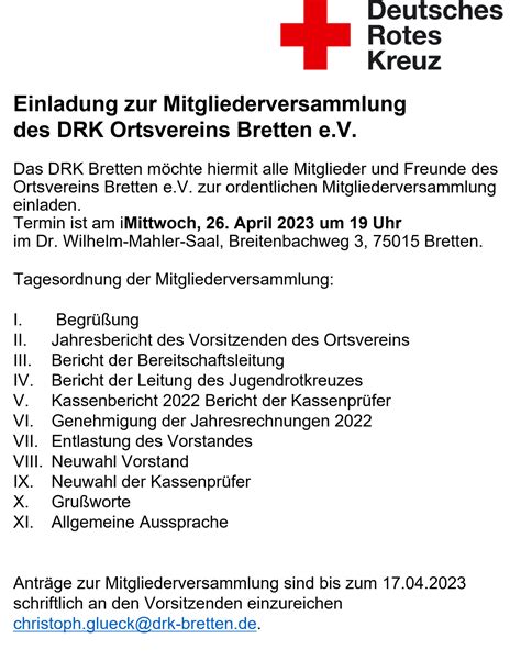 Einladung Zur Mitgliederversammlung Des Drk Ortsvereins Bretten E V