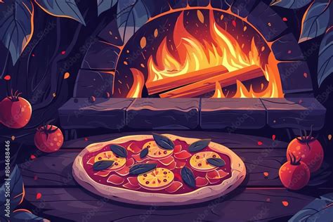 Leckere Pizza Vor Dem Steinofen Mit Loderndem Feuer Generative Ai