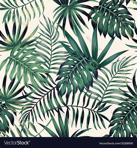 Exotic Tropical Leaves Seamless Pattern White Vector Image