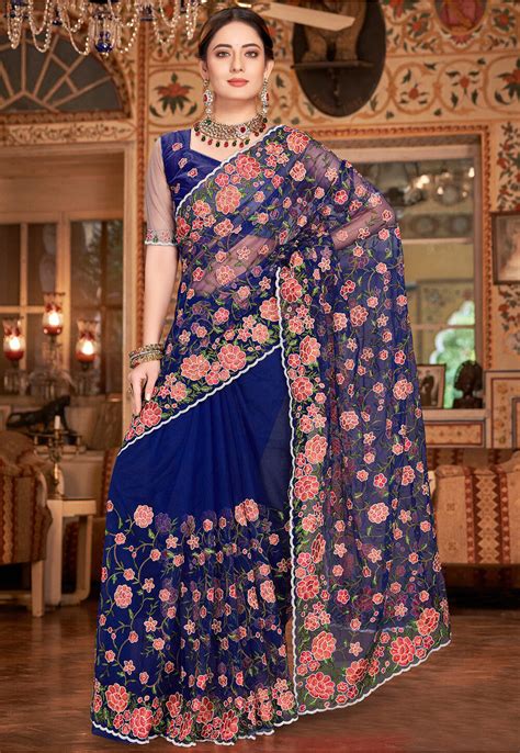 Embroidered Net Saree In Navy Blue Scba4132