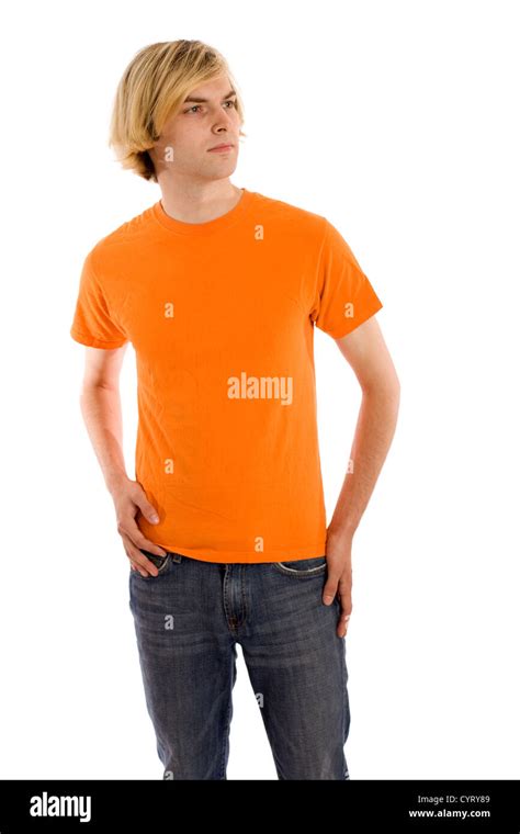 Man In Orangeshirt Stock Photo Alamy