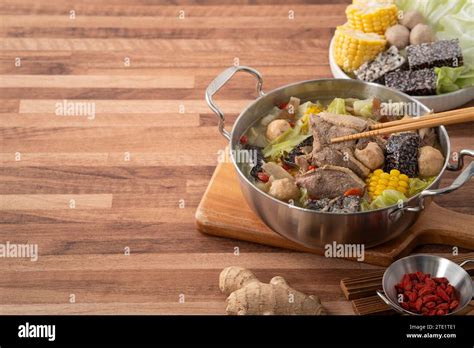 Delicious Ginger Duck Stew Hot Pot Soup With Fresh Vegetables In Taiwan Stock Photo Alamy