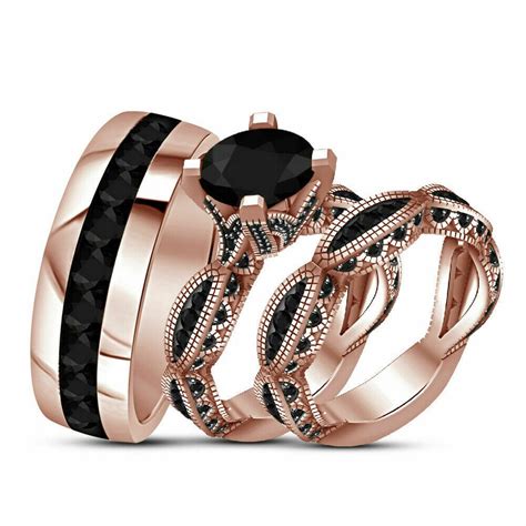 14k Rose Gold Over Black Diamond His And Hers Engagement Wedding Trio Ring Set Truejewelry 28