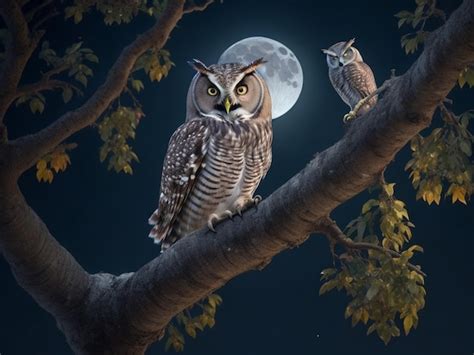 Premium Photo Great Horned Owls Sitting On A Tree Branch In Front Of