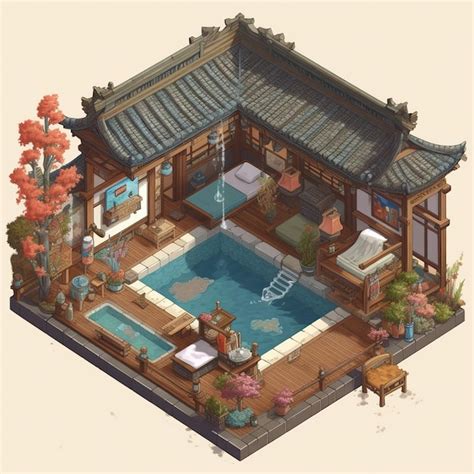 Um Desenho De Uma Casa Uma Pequena Piscina E Uma Casa Um