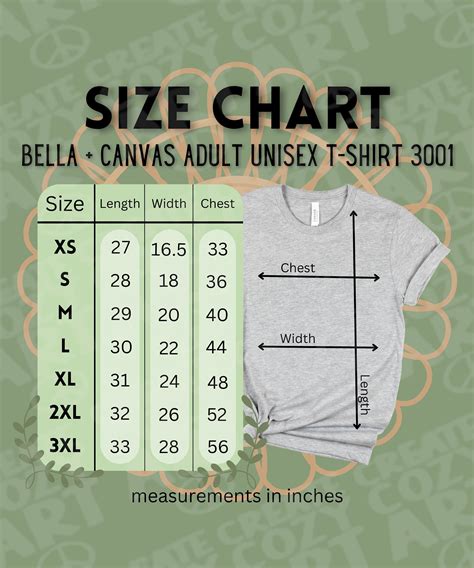 Bellacanvas Size Chart, Adult BC Size Chart, Size Chart With Mockup ...