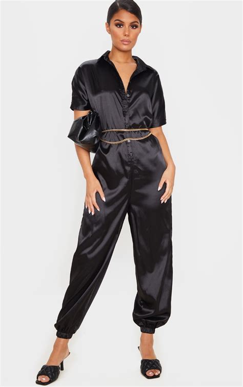 Black Bonded Satin Oversized Shirt Jumpsuit Prettylittlething Ire