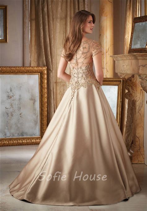 Gorgeous A Line Long Gold Satin Tulle Beaded Formal Occasion Evening