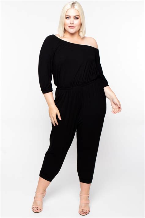 Plus Size Off The Shoulder Capri Jumpsuit Black Clothes Rompers