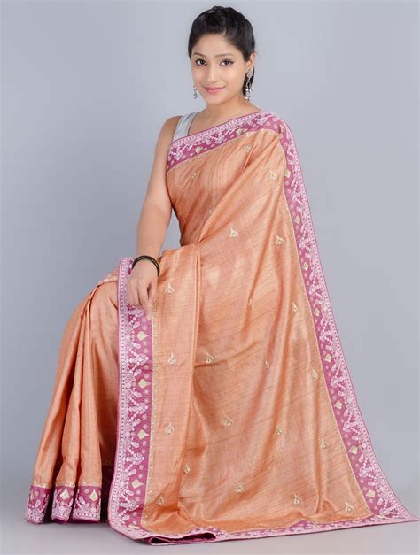 Buy Rust Pink Tussar Silk Chikankari Embroidered Saree By Kanish