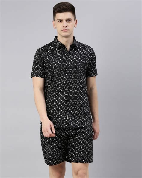 Buy Mens Black All Over Printed Cotton Shirt And Shorts Set Online In India At Bewakoof