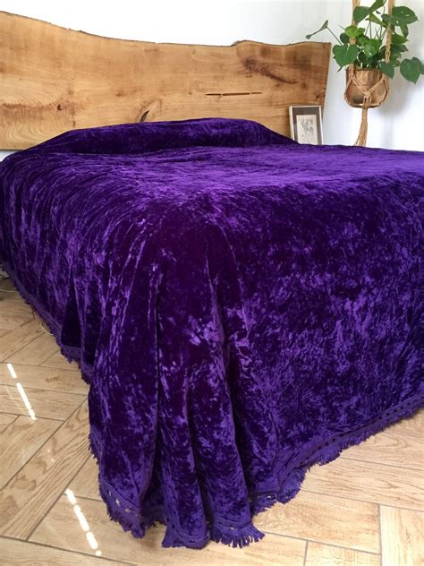 Purple Crushed Velvet King Bedspread W Fringe 70 S JCPenny Violet