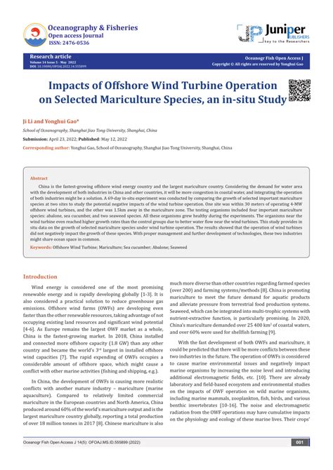 (PDF) Impacts of Offshore Wind Turbine Operation on Selected Mariculture Species, an in-situ Study