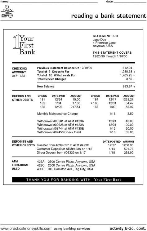 Reconciling Bank Statements Worksheet