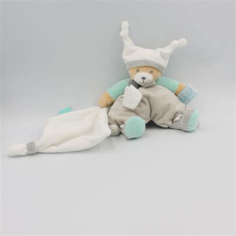 Doudou Ours Blanc Gris Bleu Polochon Mouchoir BABY NAT