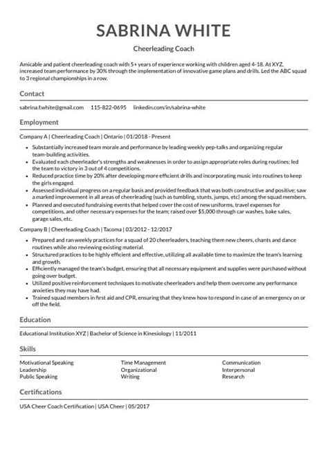 Cheerleading Coach Resume Cv Example And Writing Guide