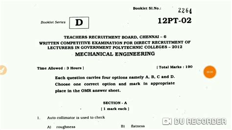 Trb Polytechnic Lecturer Me Previous Year Question Paper With