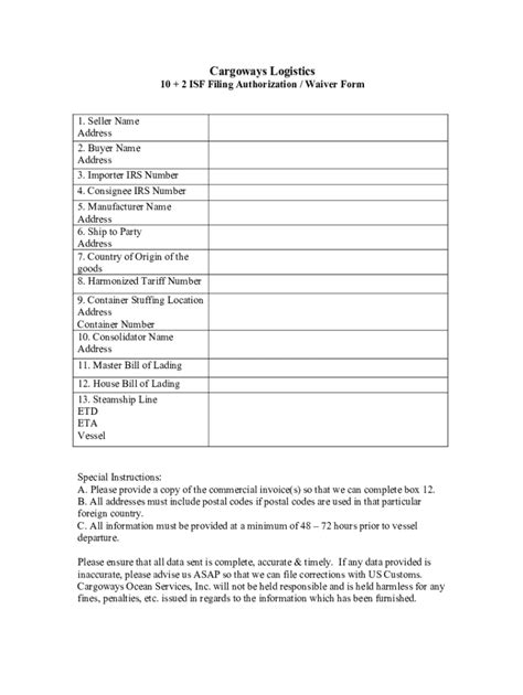 Fillable Online Cargoways Isf Form Doc Fax Email Print Pdffiller