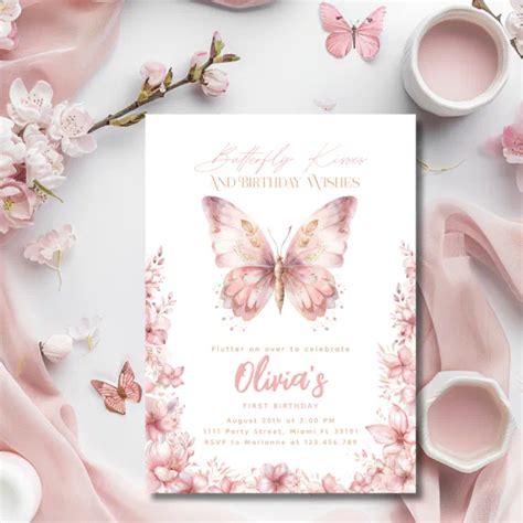 Butterfly Kisses Birthday Pink Butterfly Party Invitation Zazzle