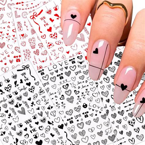 Black Red Nail Art Heart Stickers8 Sheets Valentines Day