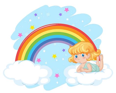 Chica ángel en la nube con arco iris Vector Gratis