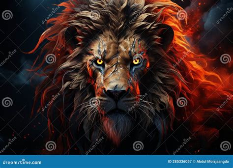 Abstract Lion With Fiery Fur Black Backdrop Majestic Mane Stock