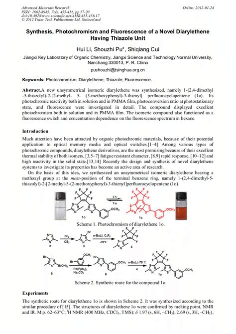 Synthesis Photochromism And Fluorescence Of A Novel Diarylethene