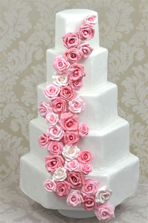 Hexagon Shaped Cakes With Cascading Pink Sugar Roses Pink Rose